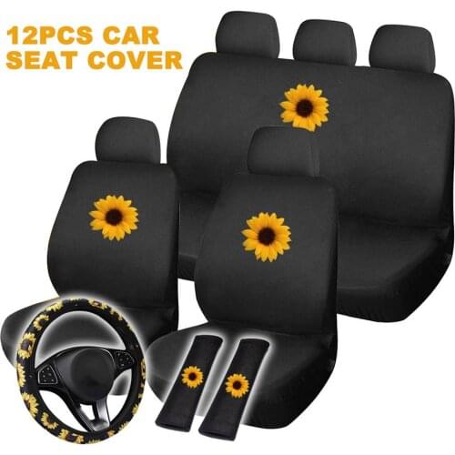 12PCS Sunflower Print Car Seat Cover Set Steering Wheel Cover All Year Round Use Seat Case Set Universal Fits Most Cars Covers