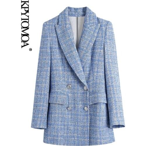KPYTOMOA Women 2021 Fashion Double Breasted Tweed Check Blazers Coat Vintage Long Sleeve Pockets Female Outerwear Chic Veste