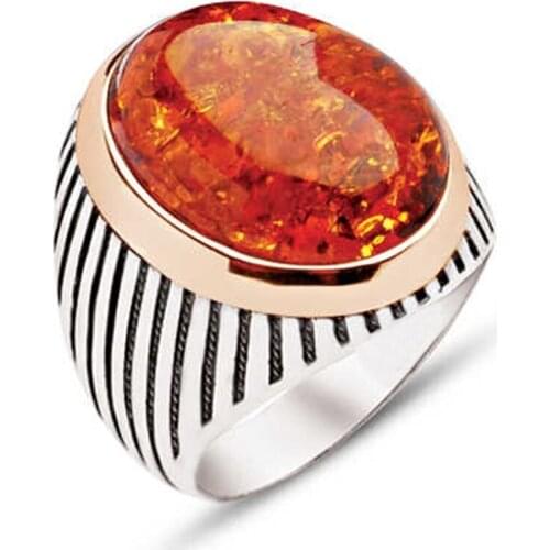 Silver Synthetic Amber Stone Stripe Case Men 'S Ring