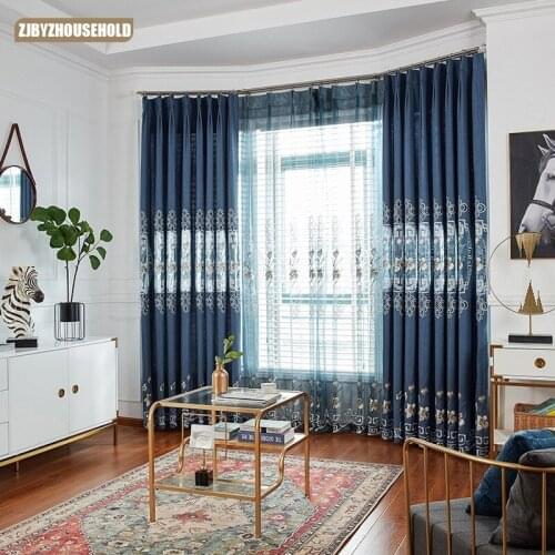 European Style Curtains for Living Room Bedroom Blue Square Stitching Embroidery Curtains Tulle Finished Product Customization