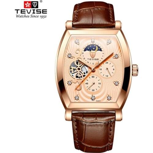 TEVISE Brand Rose Gold Men Sports Watches Tourbillon Mechanical Watch Waterproof Gift Clock Moon Phase 2021 Relogios Masculino