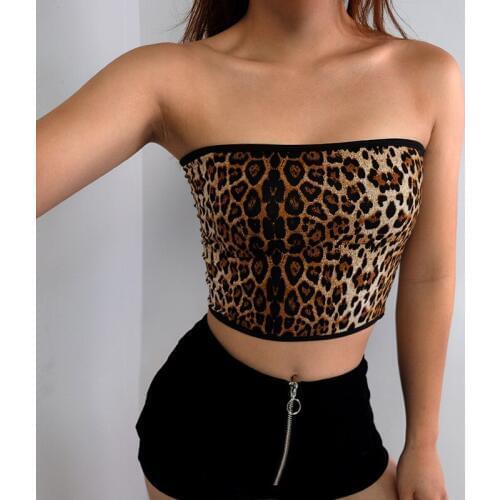 Focal20 Streetwear Sexy Leopard Tube Top Women Summer Strapless Slim Tube Tops Causal Off Shoulder Crop Top