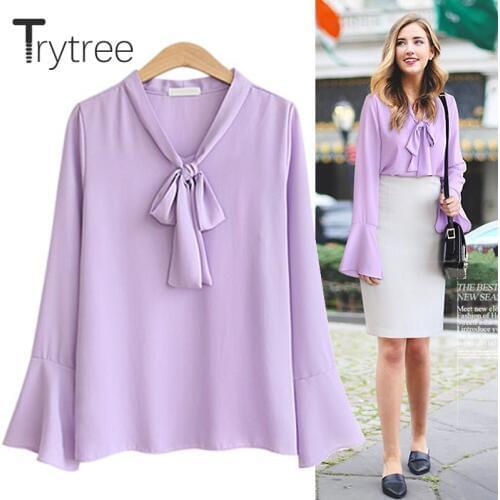 Ttytree Spring Summer Blouses Casual shirt Women Polyester Office Lady Full sleeve Soild Collar Bufflerfly Sleeve Tops Shirts