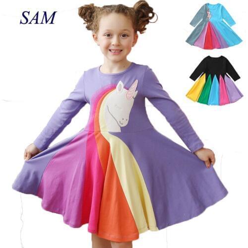 2021 spring childrens rainbow dress long-sleeved cartoon embroidered dresses for girls cute animal princess dress clothes