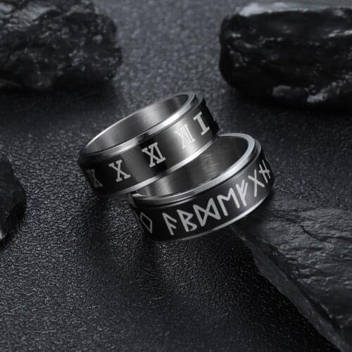 YWSHK Punk Fashion Style Antique Retro Male Jewelry Viking Rotatable Ring Female Black Amulet Vintage Norse Rune Rings For Women