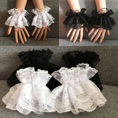 Women Lolita Hand Sleeve Wrist Cuffs Ruffled Floral Lace Elastic Bracelet XX9D