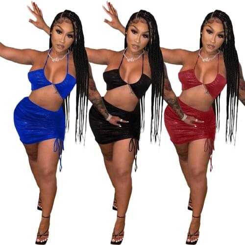 Pu Women Night Club Set Sexy V-neck Corset Tops Shirring Skirt Two Piece Matching Suits 2021 New Summer Female Sexy Outfits