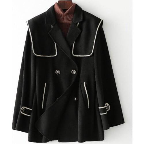 2021 Autumn New Black Double-sided Woolen Coat Women Simple Suit Collar Double-breasted Lady Loose Large Size Wool Overcoat e115