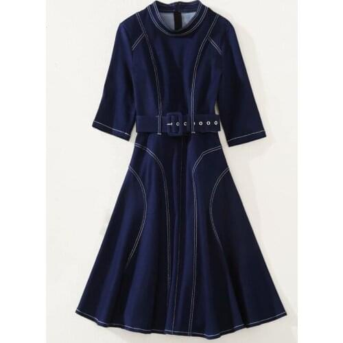 New HIGH QUALITY 2021 Fashion Designer Runway Dress Womens O-Neck Three Quarter Sleeve Sashes Denim Dress