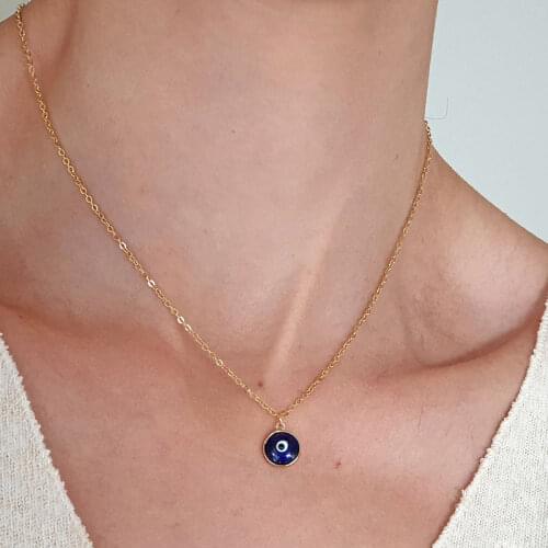 Vintage Ethnic Round Turkey Evil Eye Necklace For Women Gold Color Blue Eye Pendant Choker Clavicle Chain Turkish Jewelry