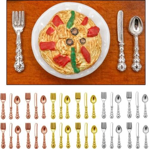 12Pcs Dollhouse Miniature Tableware Model 1/12 Scale Alloy Knives Forks Spoons Set
