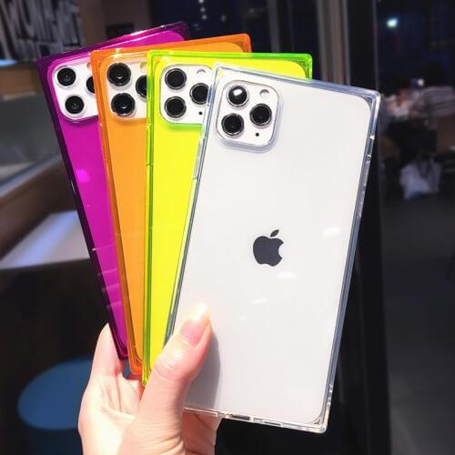 Square Fluorescent Color Transparent Phone Case For iPhone 11 Pro Max X XS XR 12 Mini 7 8 Plus 6 6s SE Clear Soft Silicone Cover