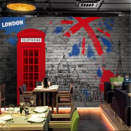 European Retro 3d Red British Phone Booth Gray Brick Wall Mural Wallpaper 3D Bar Cafe Restaurant Decor Background Wall Paper 3D