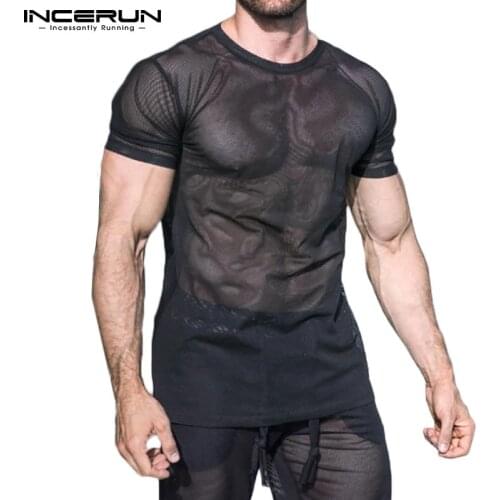 Men T Shirt Mesh Transparent Sexy Streetwear O Neck Short Sleeve Tee Tops 2021 Fitness Party Nightclub Men Clothing INCERUN 5XL
