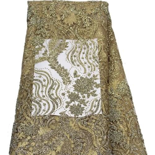 Indian George African Bridal Gold Glitter Mesh Lace Fabric with Crystal Stones Luxury Quality Wedding Dress Champagne Soft Tulle