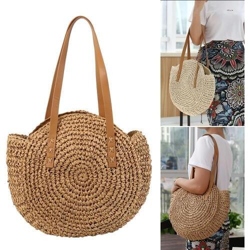 New Rattan bags Round Straw Beach Bag Vintage Handmade Woven Shoulder Bag Raffia circle Bohemian Summer Vacation Casual Bags