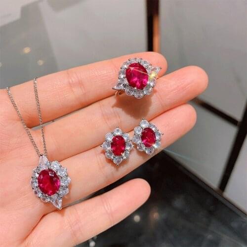 Silver jewelry set pigeon blood red Cubic Zircon Earrings / Pendant / Necklace / ring