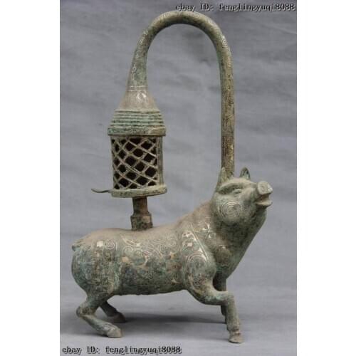 Folk Collect old Bronze silver-gilt Feng Shui Fortune Pig palace lantern Statue