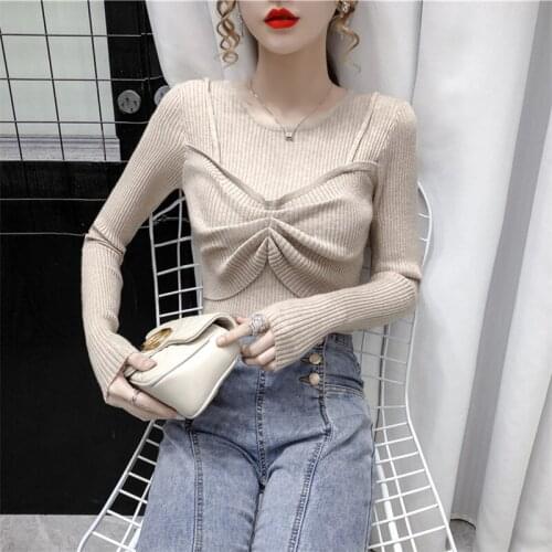 2021Spring New Fashion Womens Body Slimming Inner Knit Bottoming Shirt Pleated Fake Two-piece Pure Color Stretch Pullover Z947