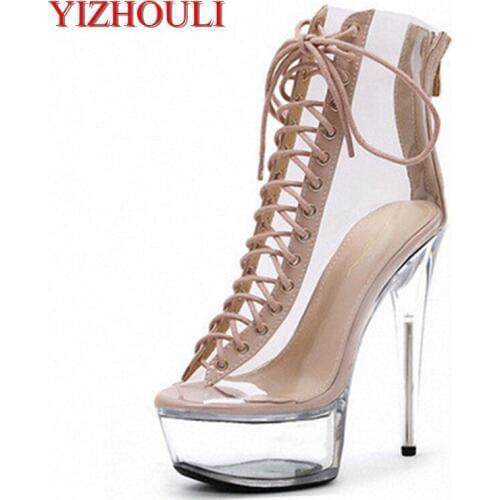 The new 15cm clear high-heeled boots for the summer of 2019, womens stiletto roman-style sheer peep-toe ankle boots