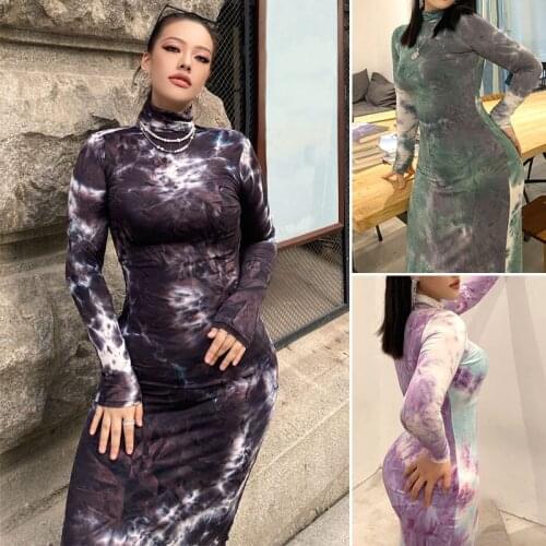 Autumn and Winter Ladies Fashion Sexy Dress Lace-up Tight-fitting Hip Tie-dye Printing High-neck Long-sleeved Woman Skirt WE301