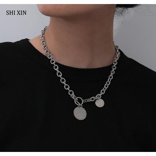 SHIXIN Punk Thick Stainless Steel Choker Coin Pendants Necklaces for Women Hip Hop Chunky Cuban Link Chains Necklace on the Neck