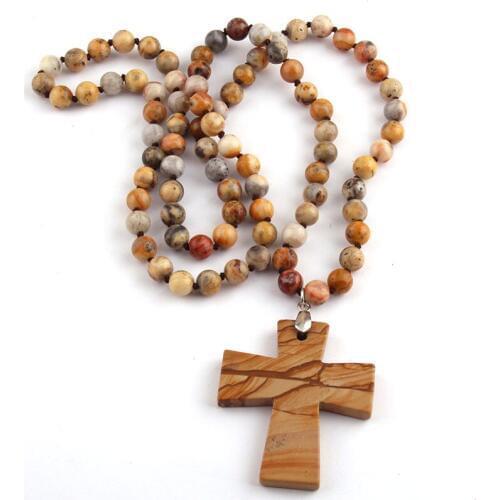 Free Shipping Fashion Semi Precious Stones Beads Statement Necklaces long Knotted Beads Cross Necklace