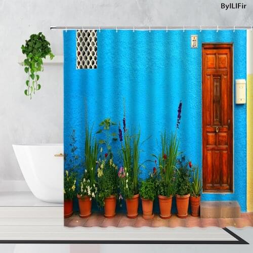 Simple Retro Doors Windows Modern Street View Shower Curtains Green Plants Flowers Potted Bathroom Bathtub Curtains With Hooks