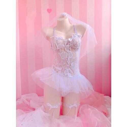 Perspective Cute Sweet Lingerie Bud Silk Mesh Underdress Exotic Wedding Sexy Costumes Fairy Lace Transparent Women Lingerie Set