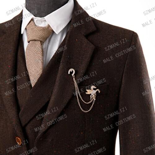 SZMANLIZI 2020 Winter Brown Wool Tweed Tailor Made Business Men Suits For Wedding 3 Piece Herringbone Retro Formal Groom Tuxedo