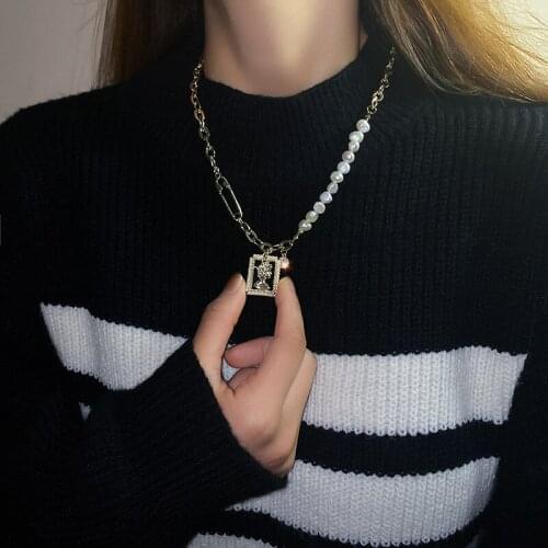 Vintage Rhinestone Avatar Square Pendant Necklace Womens Jewelry Gift Gold Color Pearl Thick Chain Collar For Female Jewelry