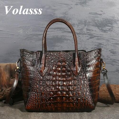 Volasss Luxury Cow Leather Bags For Women Crocodile Handbags Genuine Leather Lady Tote Brown Vintage Bag For Female Big Handbag