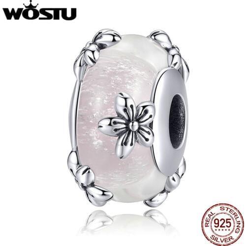 WOSTU Authentic 925 Sterling Silver Grass Sakura Beads Fit Original Bracelet & Dangle For Women Fashion Jewelry Gift CQC1302
