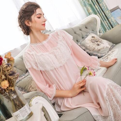 Nightdress Women Spring Autumn Long Dress Sweet Princess Lace Sleepwear Loose Plus Size Seven-quarter Sleeves Home Wear H5565