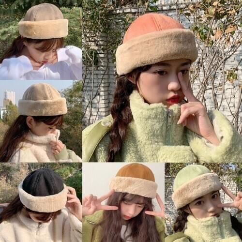 Women Winter Warm Suede Velvet Beanie Hat Solid Color Thicken Plush Cuffed Brimless Hip Hop Landlord Docker Skull Cap
