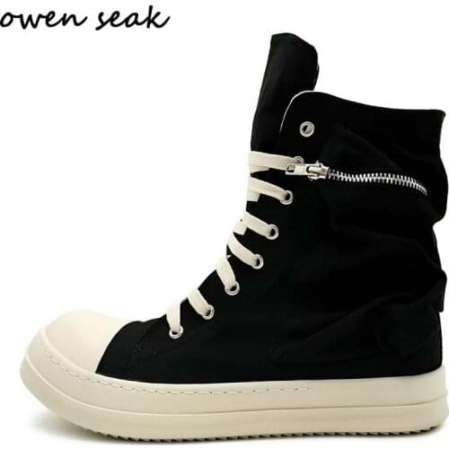 Owen Seak Men Casual Canvas Shoes Luxury Trainers Ankle Lace Up Women Sneaker Zip High-TOP Hip Hop Streetwear Flats Black Boots