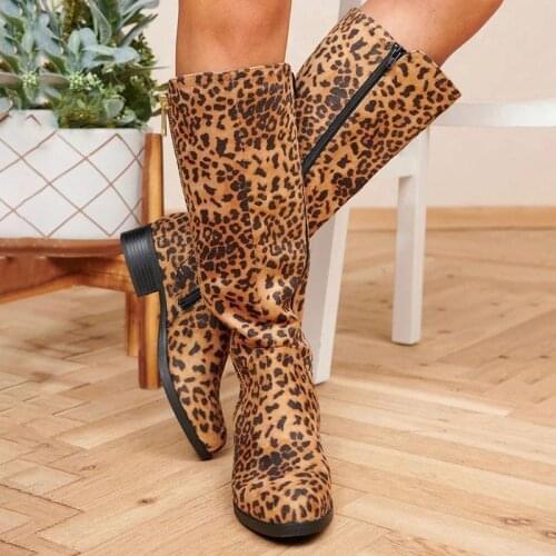 Women Leopard Print Boots 2021 Autumn Winter Ladies Fashion Flat Bottom Boots Shoes Over The Knee Thigh High Suede Long Boots