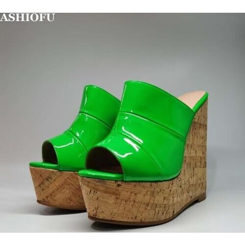 ASHIOFU Newest Handmade Ladies Wedges Heel Slippers Slingback Peep-toe Party Prom Summer Shoes Fashion Daily Wear Slippers Shoes