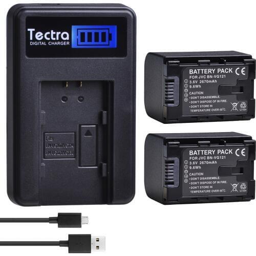 Tectra 2pc BN-VG121 VG121U VG121US Li-ion Battery+LCD Charger for JVC Everio GZ-E Series BN-VG138 BN-VG107U VG121 VG114 Battery