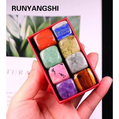 8PCS/Set Natural Crystal Gemstone Chakras Healing Quartz Mineral Ornaments Home Decoration Gifts Box for Children 15-20mm
