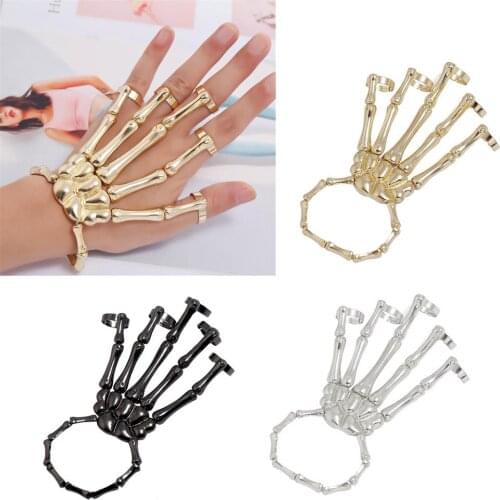 Halloween Skeleton Bracelet Metal Skull Finger Ring Wristband Gothic Punk Skull Finger Bracelets Women Halloween Jewelry Decor