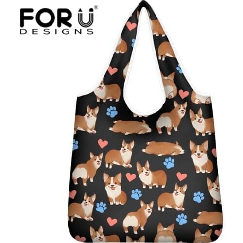 FORUDESIHNS Corgi Shoulder Handbags Black Cute Eco-friendly Daily Shopping Bags Reusable Sturdy Lightweight Folding Grocery Bags