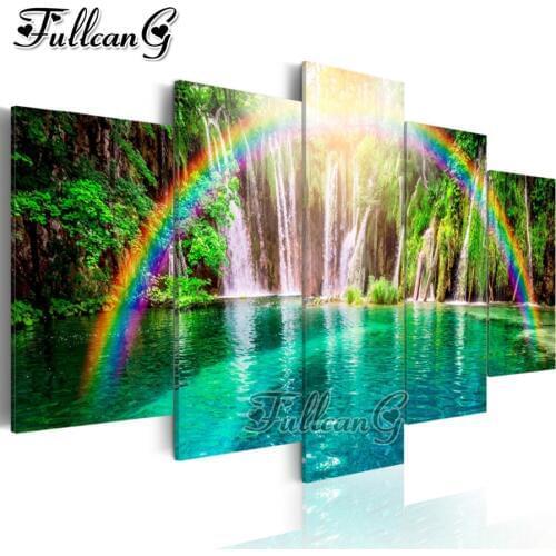 FULLCANG Nature landscape lake rainbow 5 piece diy diamond painting full square/round drill 5d mosaic embroidery sale FC2312