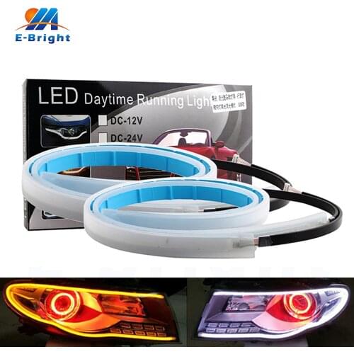 2pcs 30cm 45cm 60cm Car Sequential Flowing Flexible Light Daytime Running Light White With Yellow Turn signal Driving LED Strip