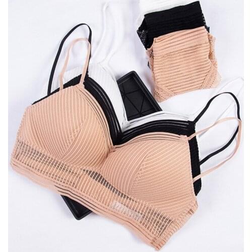 HONVIEY Lingerie Lady Push Up Bra Set Lingerie Sexy Front Buckle Bra Front Closure U Shape Retro Stripes Fashion Bra Set