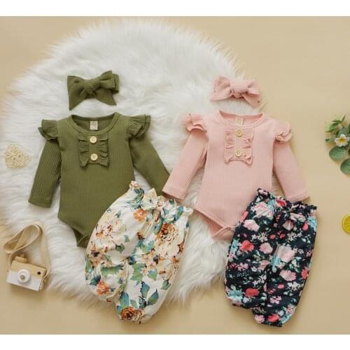 Toddler Baby Girls Autumn 3pcs Outfits Solid Long Sleeve Romper Top+Floral Printed Pants+Bowknot Headband Clothing Sets