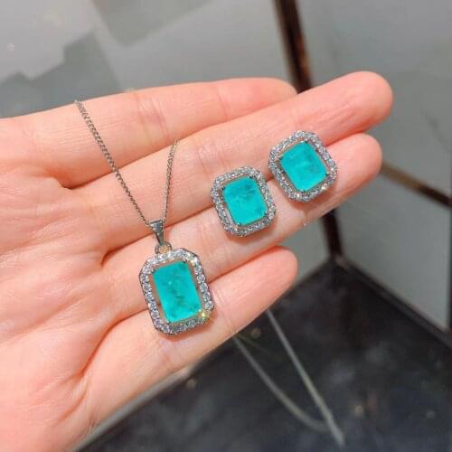 QTT Square Paraiba Tourmaline Gemstone Gift Set Brilliant Wedding Accessories 925 Sterling Silver Necklace Earrings Best Jewelry