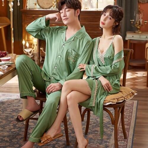 Summer Couple Kimono Pajamas Faux Silk Men Long Sleeve Pants Sleepwear And Women Embroidery Lace Trim Robes Sets
