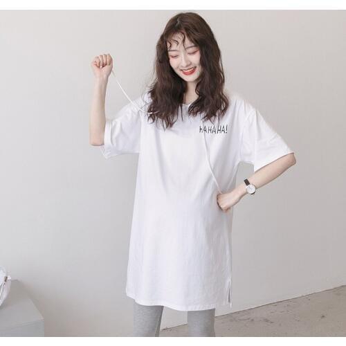 Summer Maternity Cotton White Hooded Dresses Short Sleeve Dress Pregnancy Long TShirt Loose Dress Fashion Pregnant Women Clothes