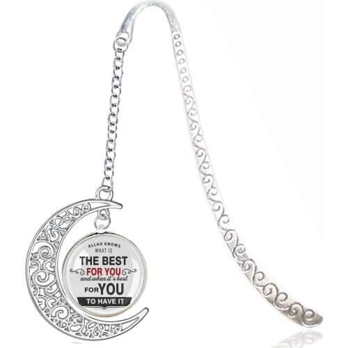 Metal Bookmark with Moon Pendant Quote - Allah Knows What Is The Best For You When Its Best For You To Have It - For Reading